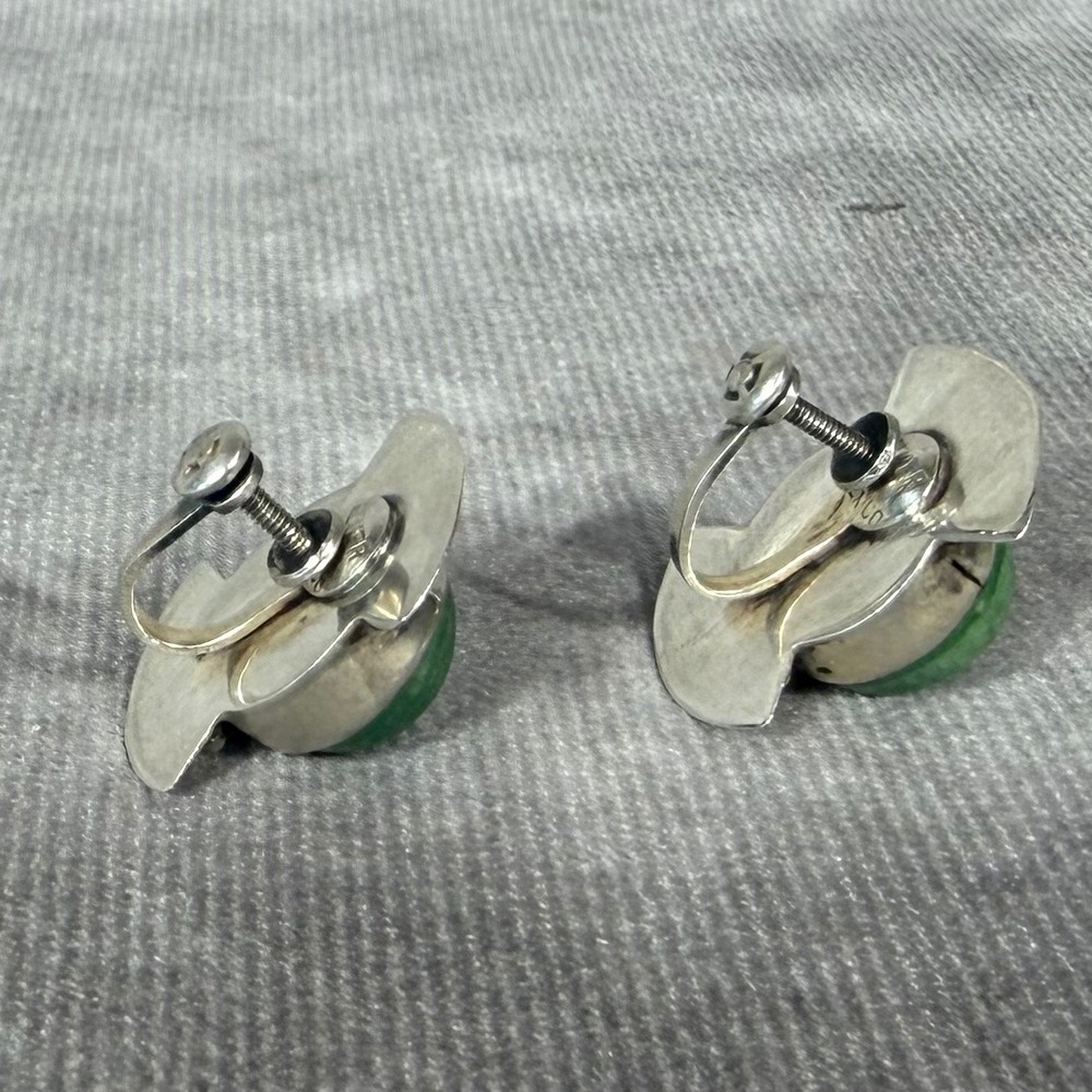 Vtg Mexico Silver Green Stone Cabochon Screw Back Earrings Mid Century Deco 11g - Picture 6 of 11